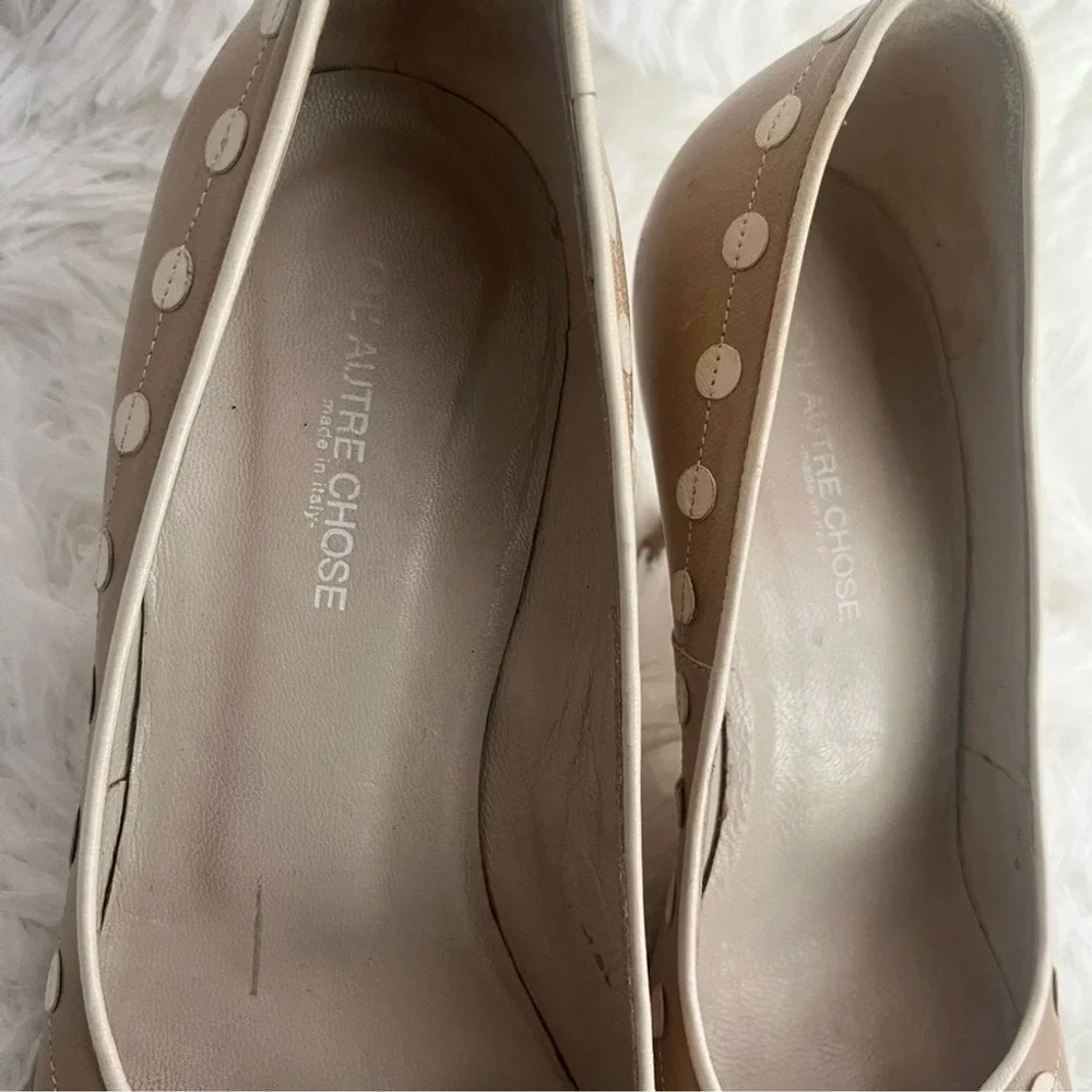 L'Autre Chose Tan Leather Peep Toe Polka Dot Studded Heels Pumps US 7.5‎ 37.5